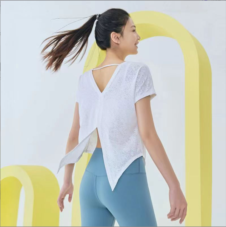 Womens Lace Short Sleeve T-Shirt Casual Round Neck Yoga Top